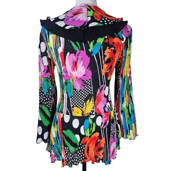 Rossi Roma Crinkle Floral Colorful Jacket/Blouse S Abstract Artsy Vibrant Topper - Picture 2 of 12